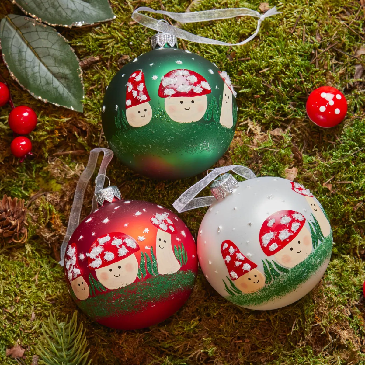 Set di 6 palline di natale in vetro (D80 mm) Fungo Verde agrifoglio, bianco e rosso