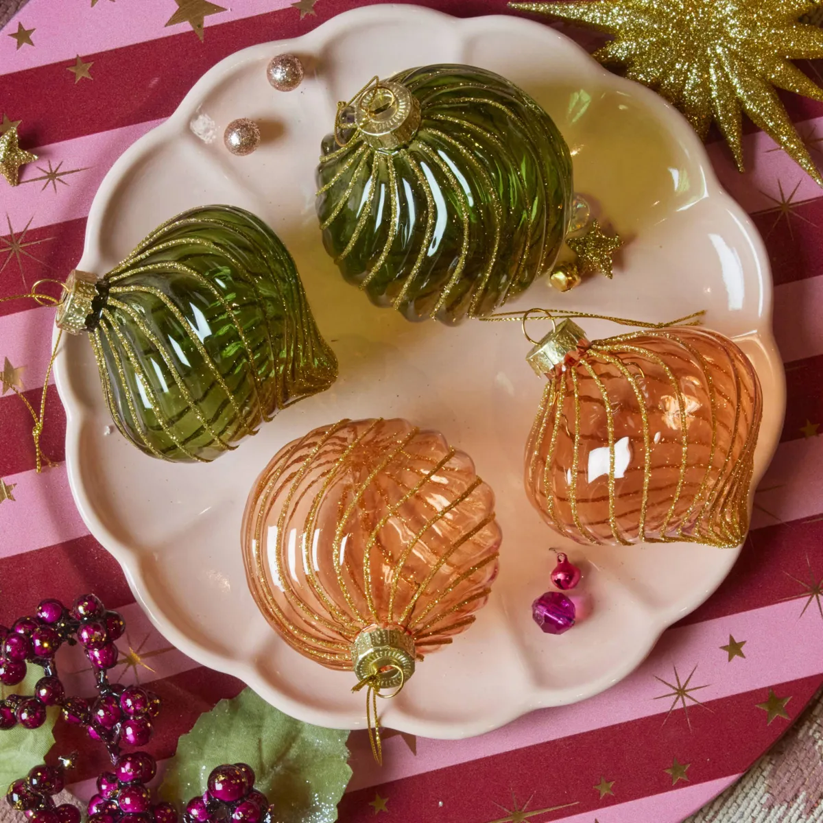 Set di 12 palline di natale in vetro (D80 mm) Spirali Verde abete e cognac