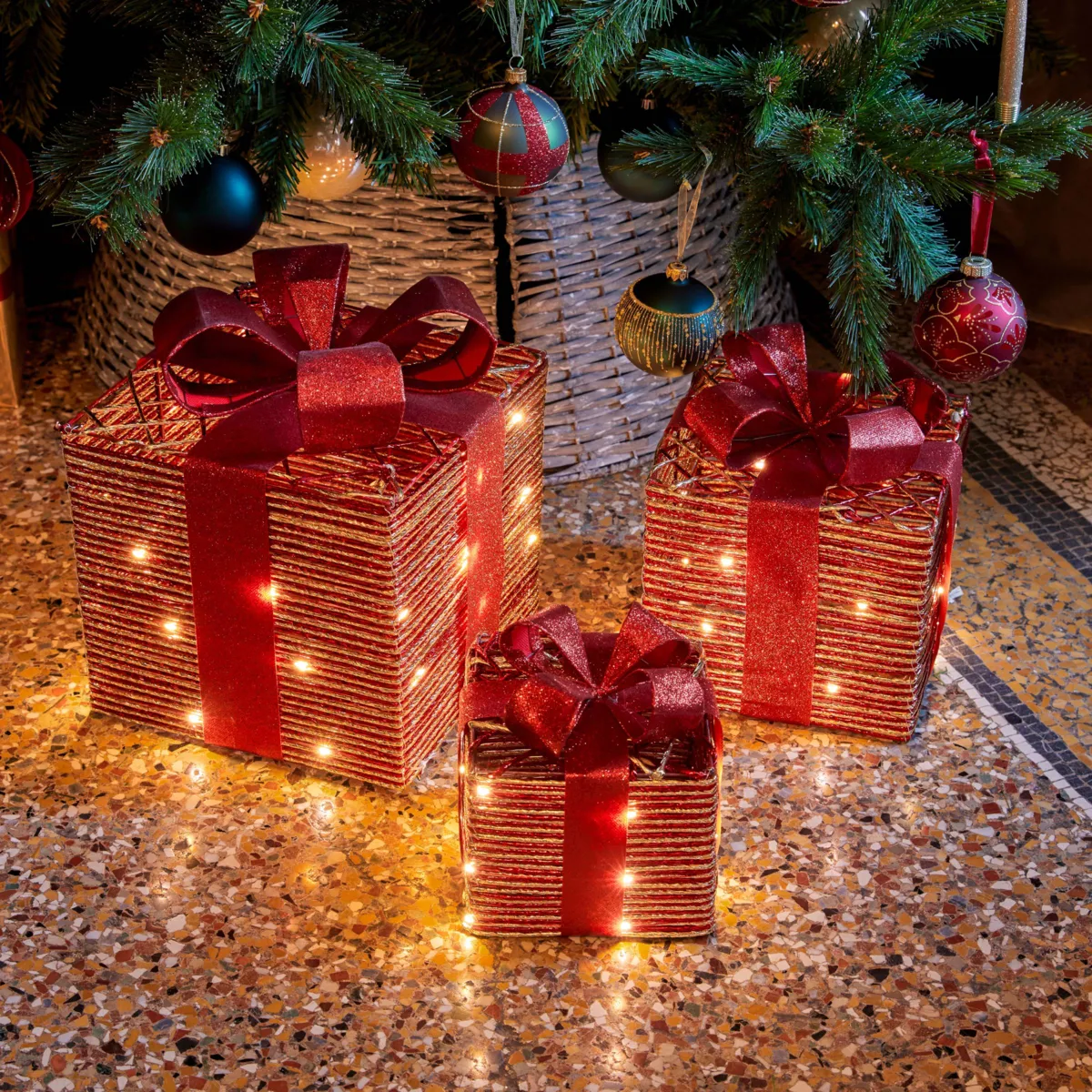 Set di 3 regali luminosi a pile 65 LED (H30 cm) Woodland Bordeaux e bianco caldo