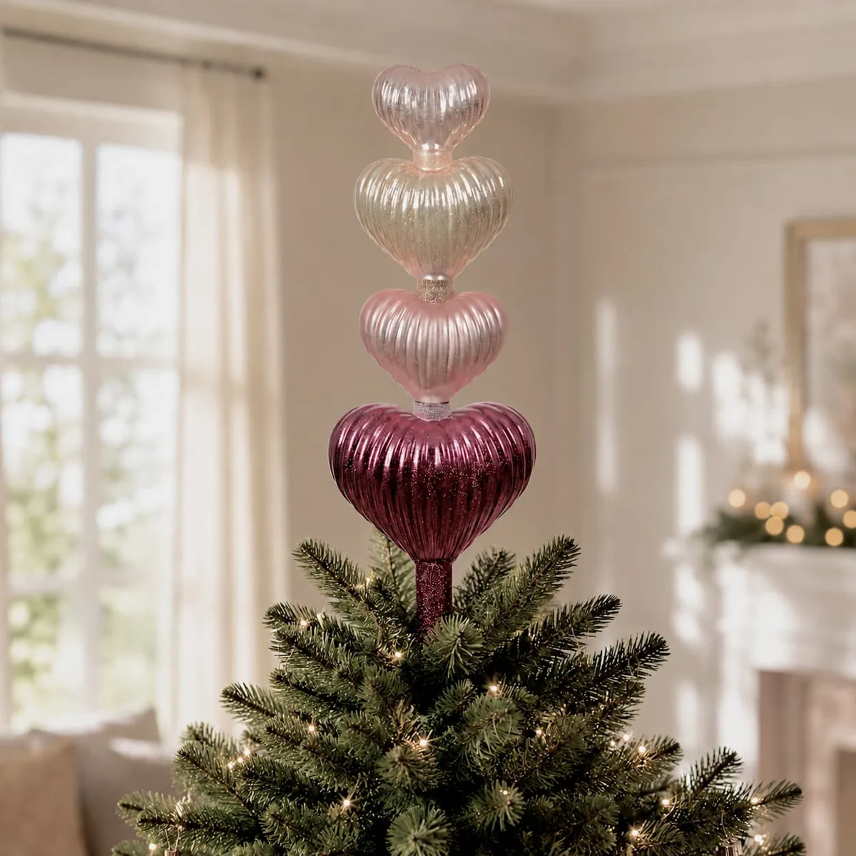 Puntale per albero di Natale in vetro Cuori Rosa cipria e scuro