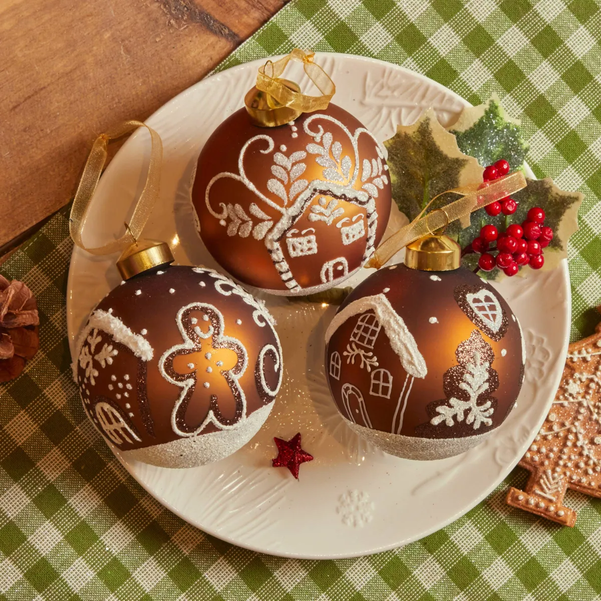 Set di 3 palline di natale in vetro (D80 mm) Case golose Marrone caffè
