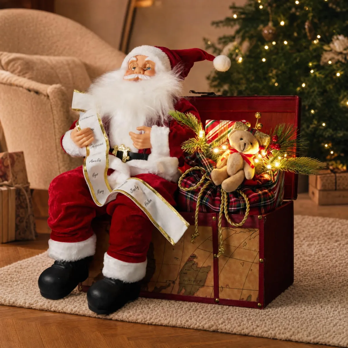 Babbo Natale luminoso e musicale a pile (H52 cm) Baule dei giocattoli