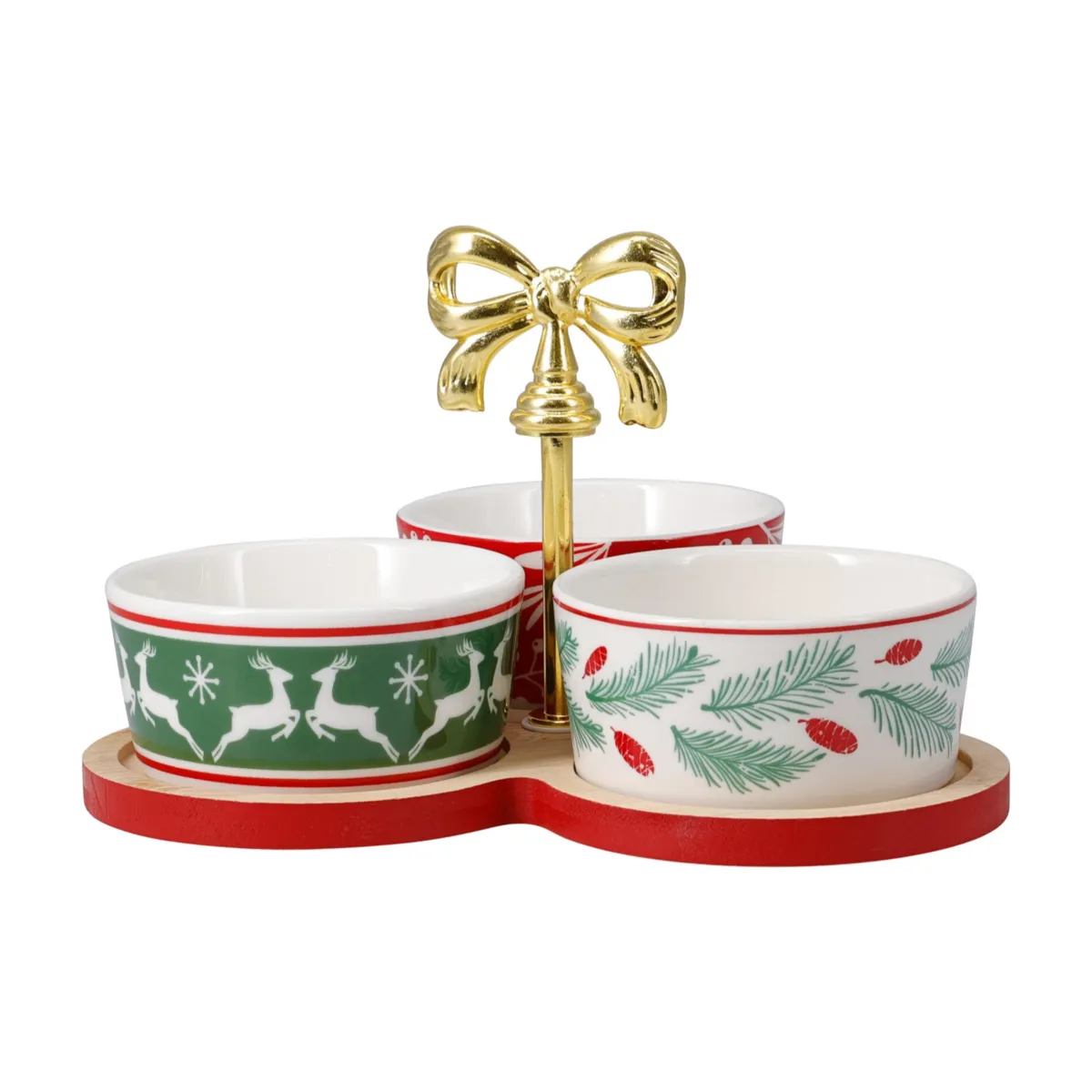 Set per tapas 3 ciotole con manico (D20 cm) Fiocco dorato e porcellana Multicolore