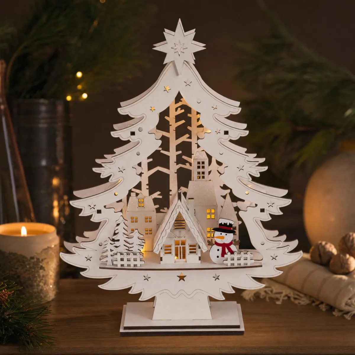 Albero di Natale in legno luminoso (H39 cm) Stella Bianca