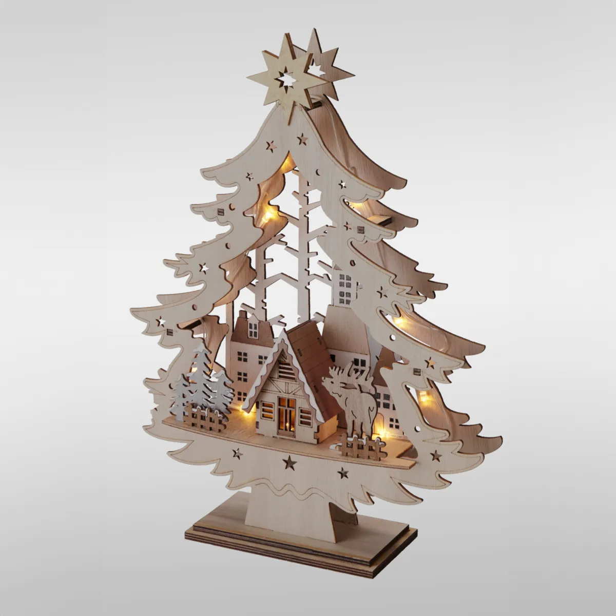 Albero di Natale in legno luminoso (H39 cm) Stella Dorata