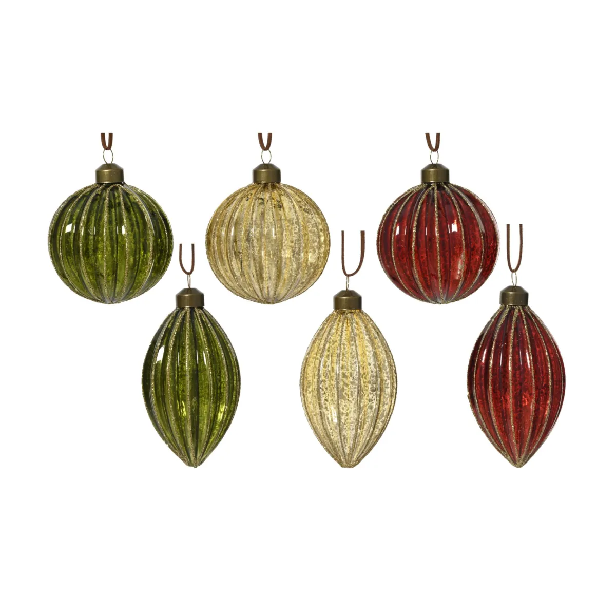 Set di 12 sospensioni natalizie in vetro (D100 mm) Eleganza Bordeaux, verde e oro