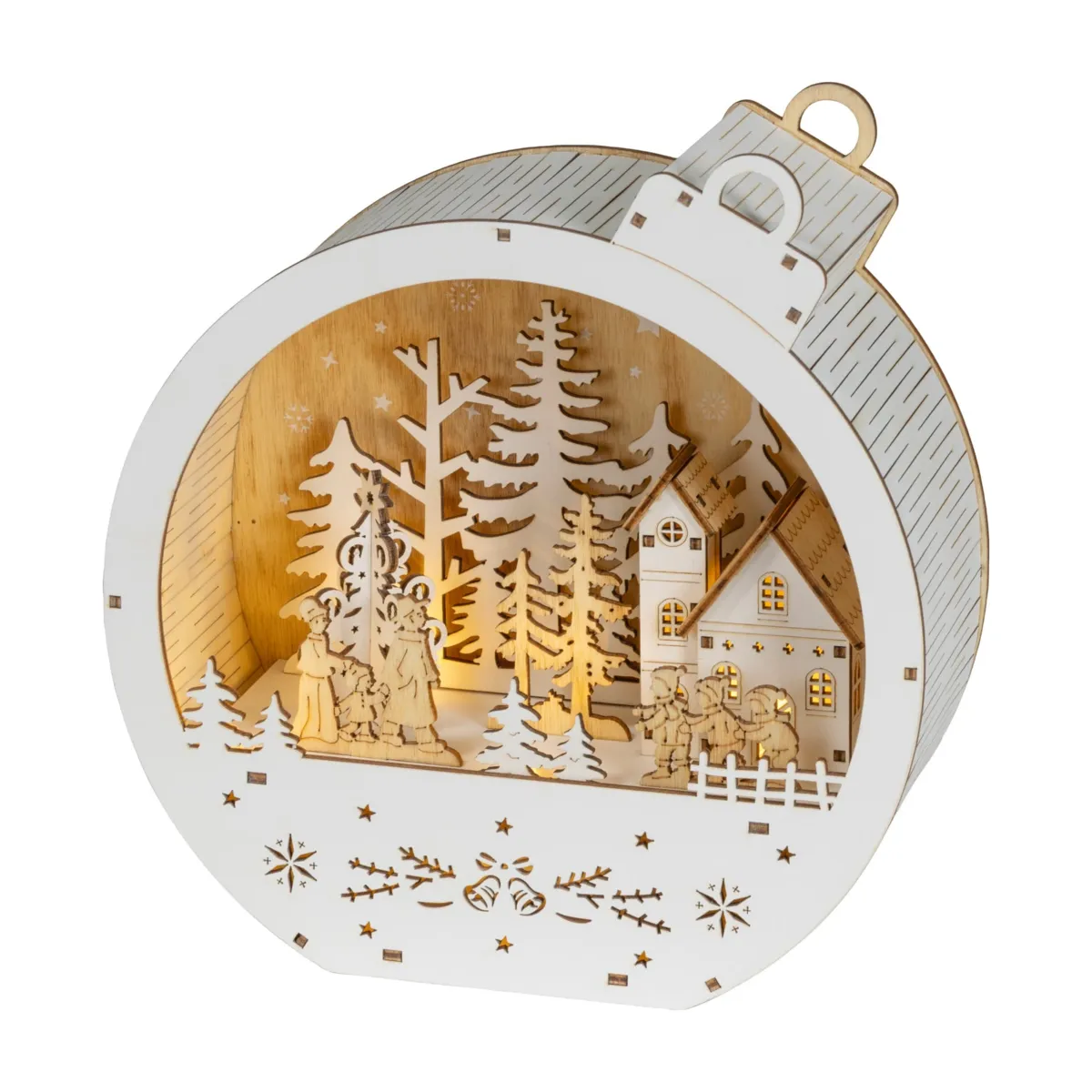 Villaggio di Natale in legno luminoso a pile (H22 cm) Palla di Natale Bianca