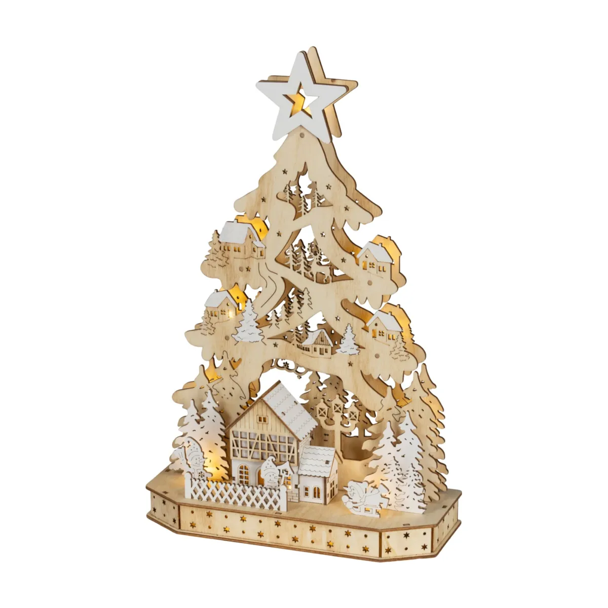 Villaggio di Natale in legno luminoso a pile (H40 cm) Montagna stellata Bianco caldo