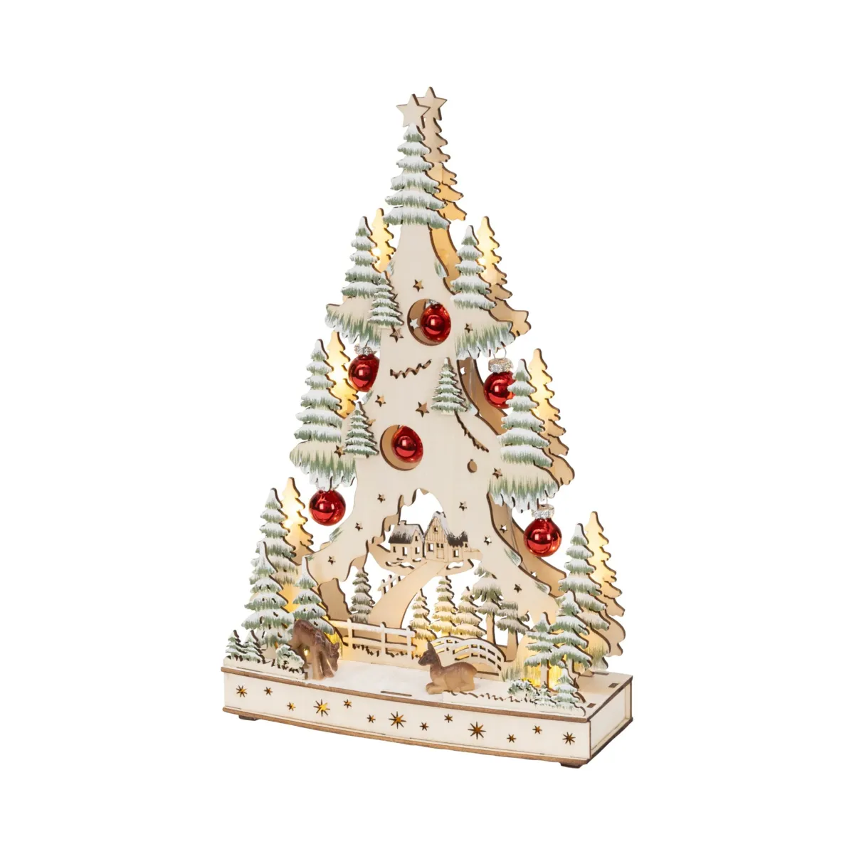 Villaggio di Natale in legno luminoso a pile (H33 cm) Albero e sue palline Rosse