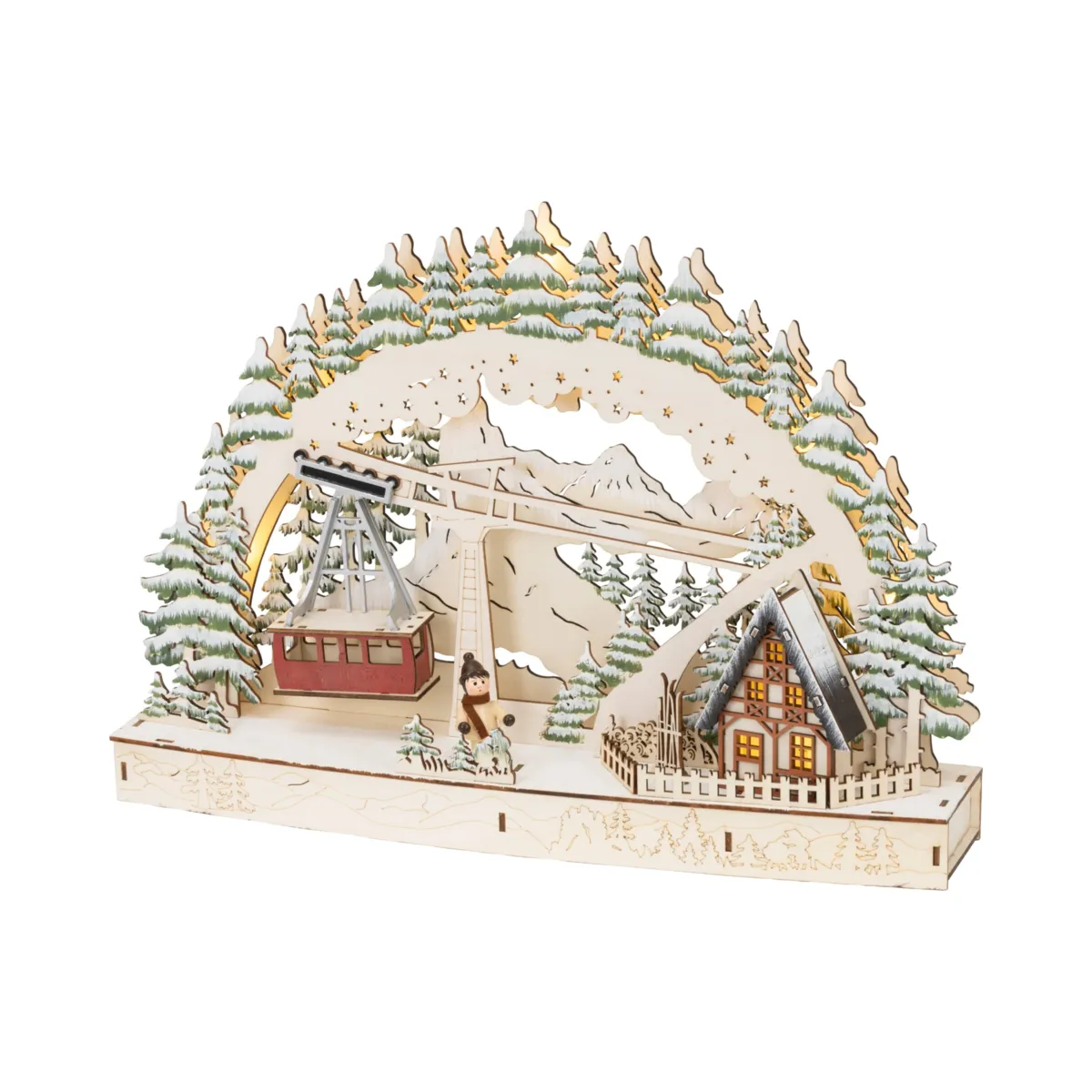 Villaggio di Natale in legno luminoso a pile (H31 cm) Funivia e villaggio