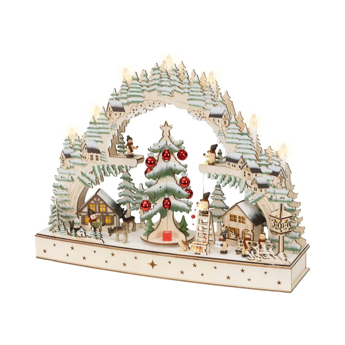 Villaggio di Natale in legno luminoso e animato a pile (H39 cm) Albero e sue palline Rosse