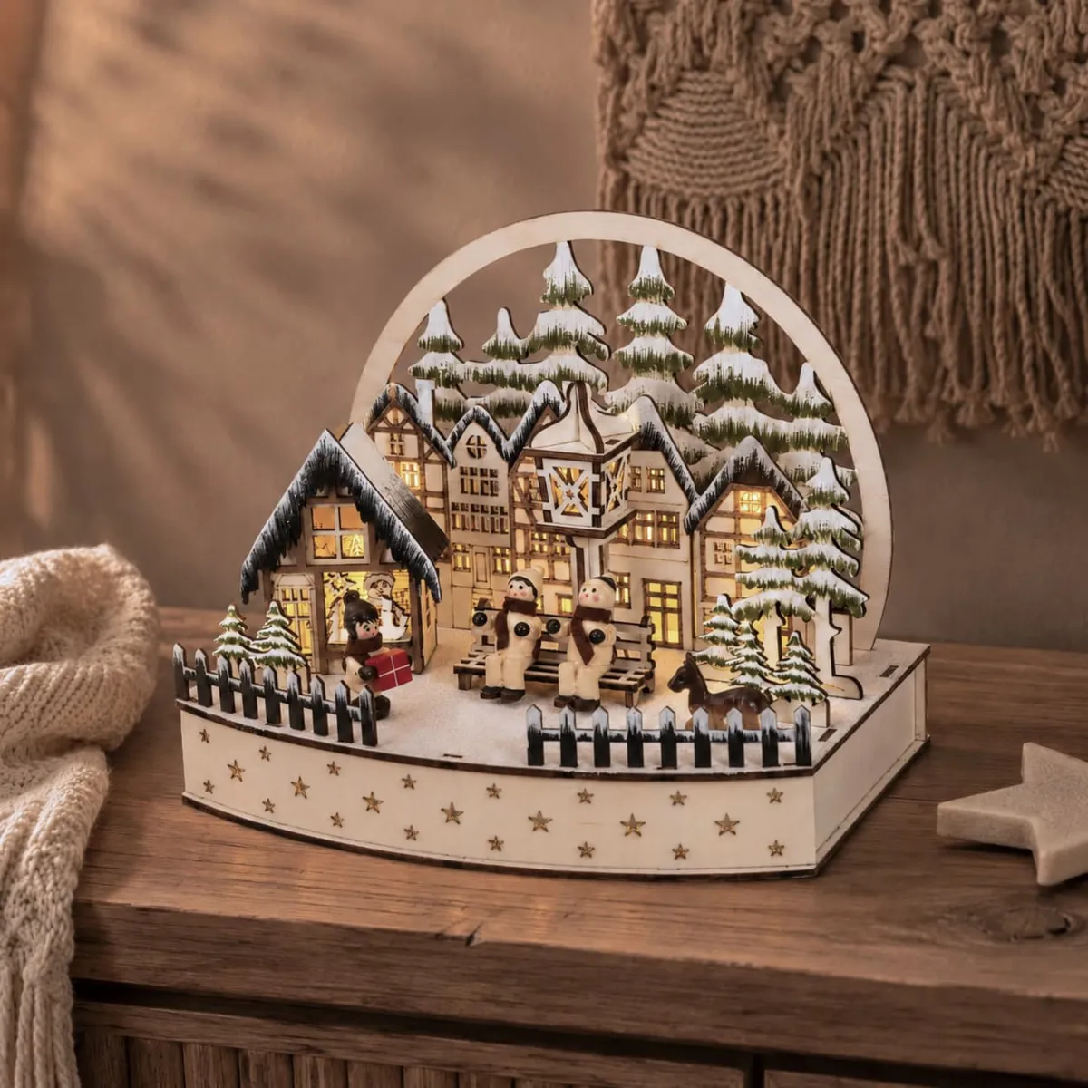Villaggio di Natale in legno luminoso a pile (H18 cm) Pupazzi di neve felici