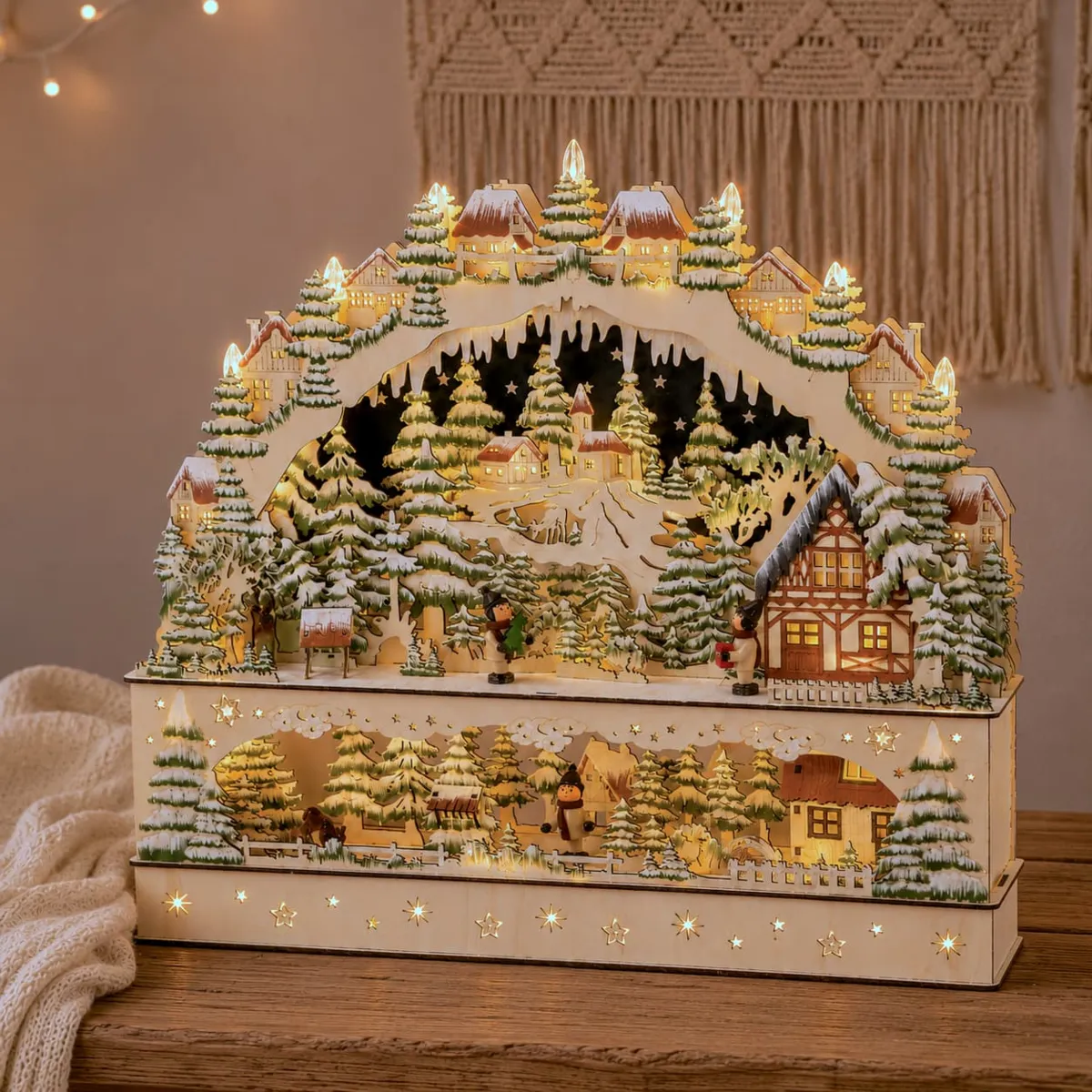 Villaggio di Natale in legno luminoso a pile (H47 cm) La Valle delle Meraviglie