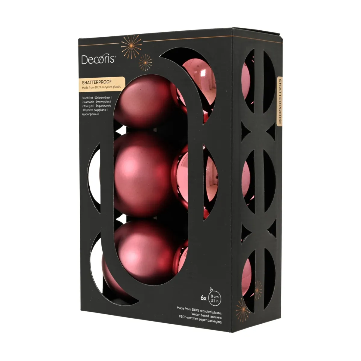 Lot de 6 boules de Noël (D80 mm) Aravis Rose foncé