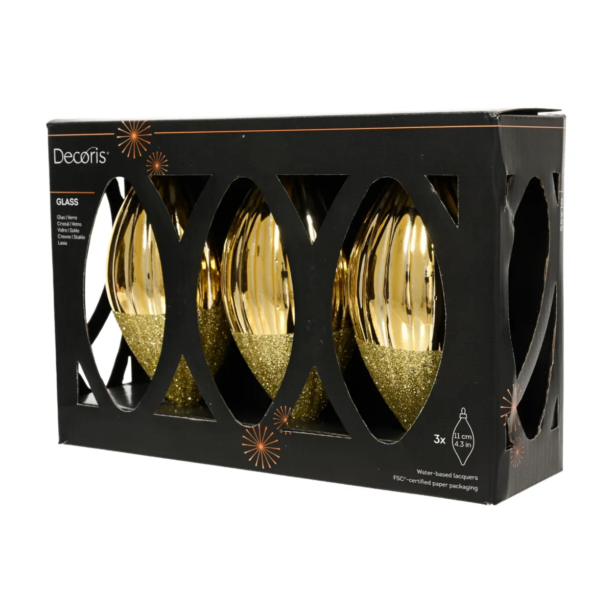 Set di 3 palline di natale in vetro (D60 mm) Goccia preziosa glitterata Oro chiaro
