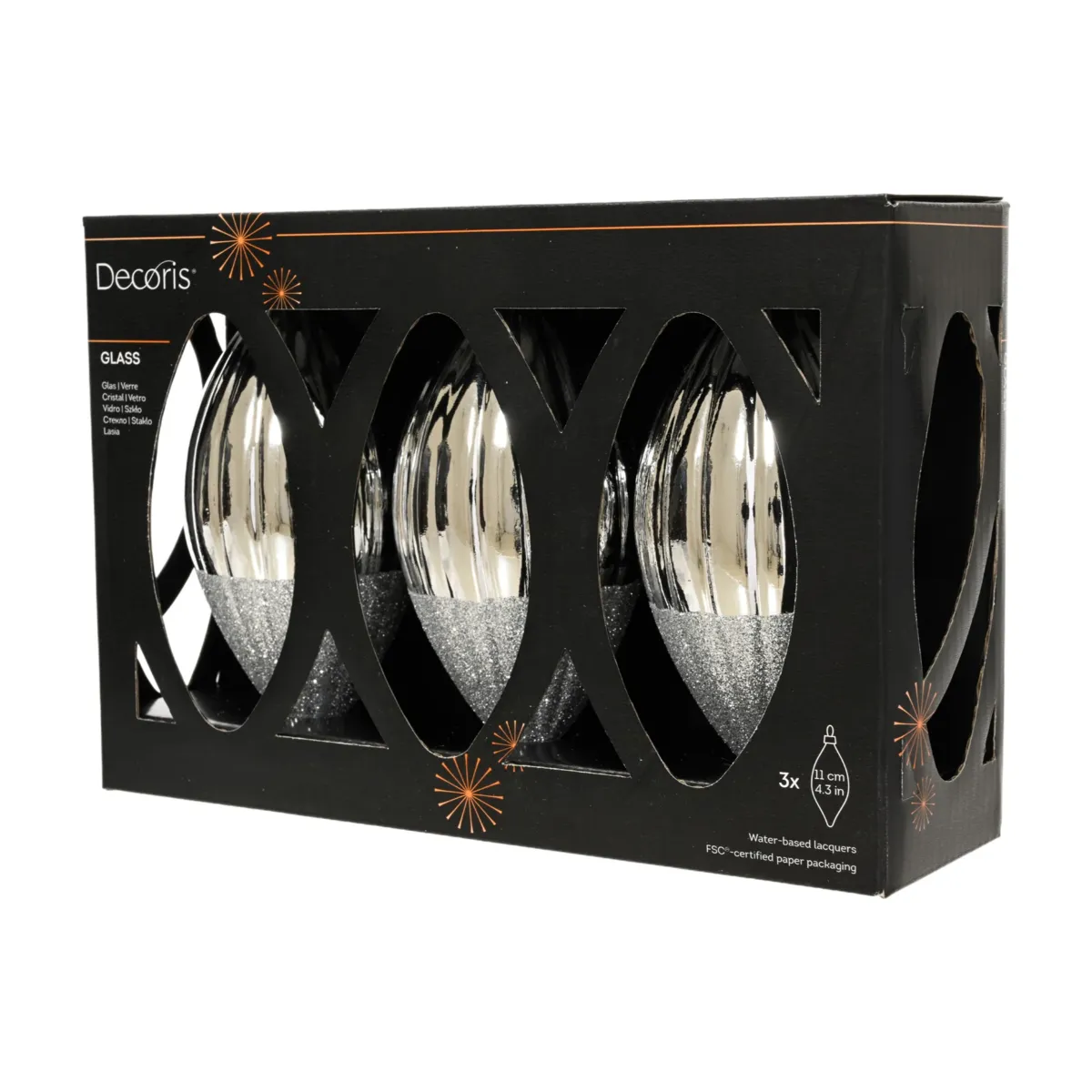 Set di 3 palline di natale in vetro (D60 mm) Goccia preziosa glitterata Argento