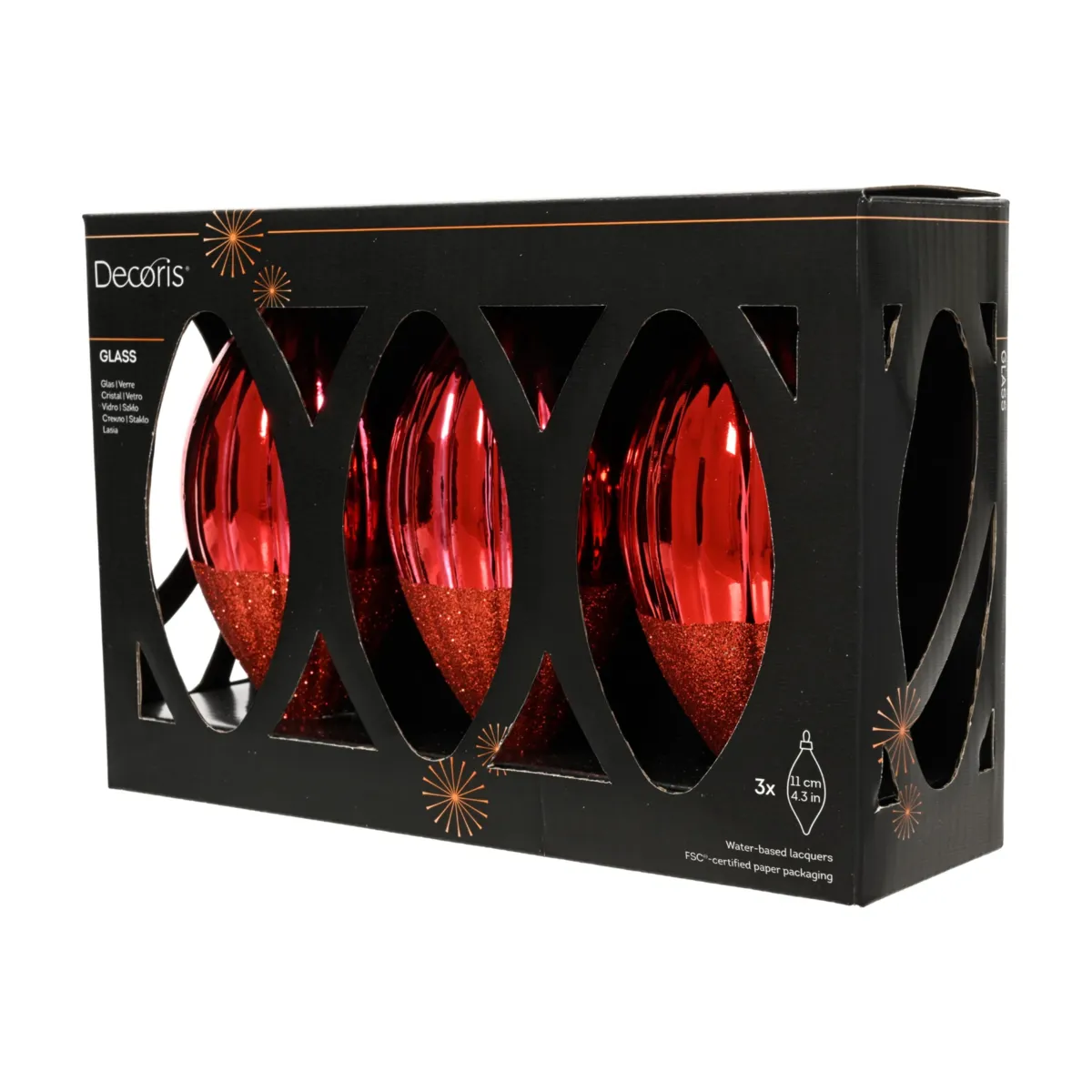 Set di 3 Palline di natale in vetro (D60 mm) Goccia preziosa glitterata Rosso