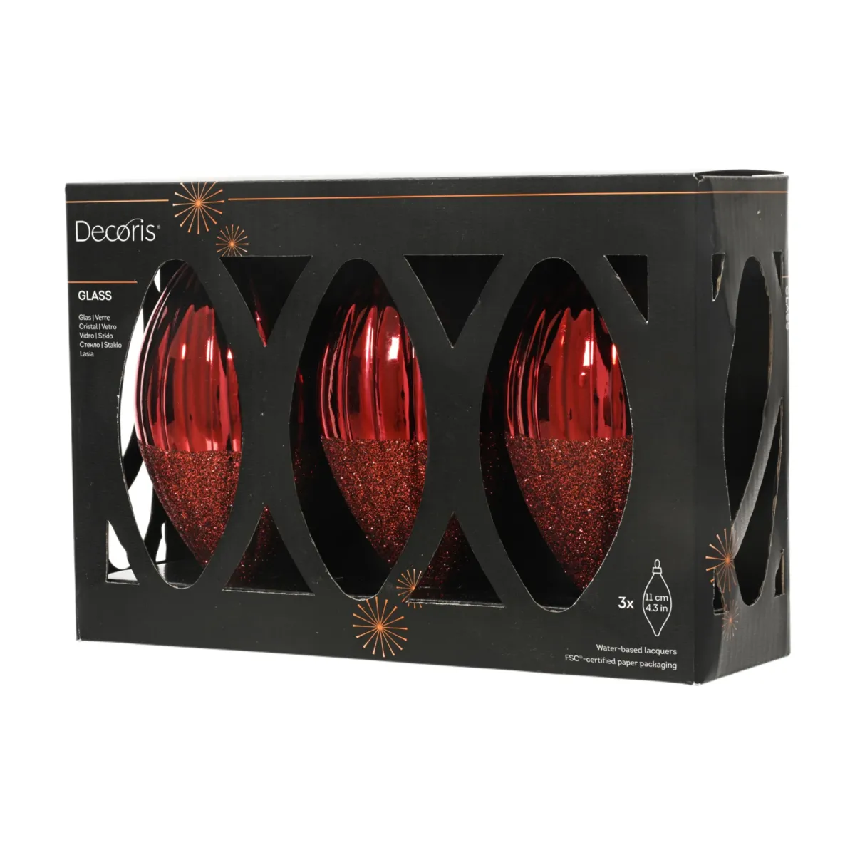 Set di 3 Palline di natale in vetro (D60 mm) Goccia preziosa glitterata Bordeaux