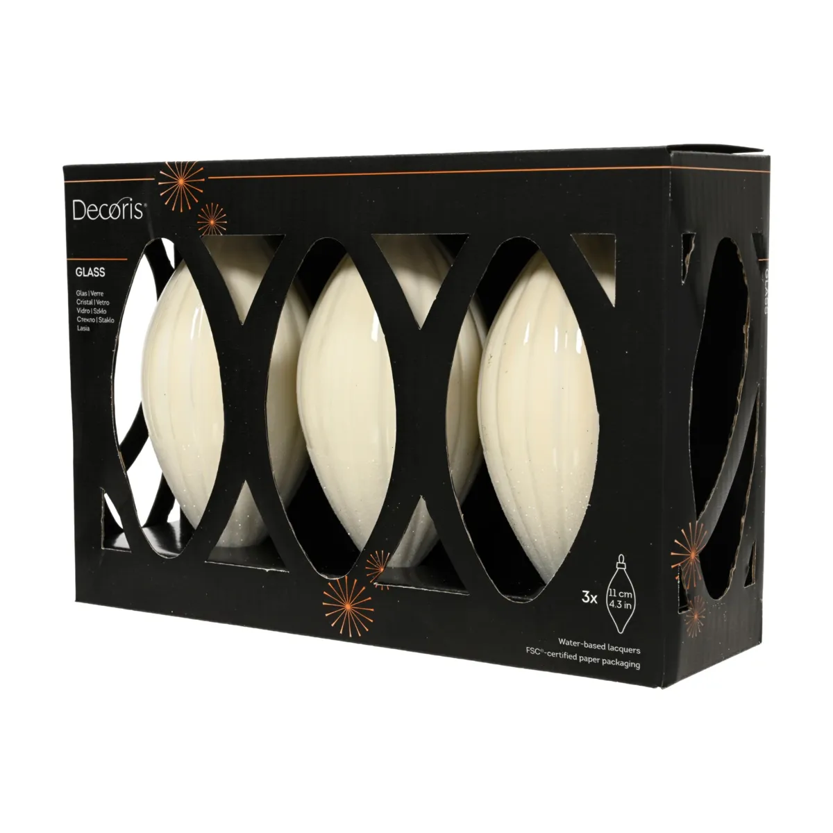 Set di 3 palline di natale in vetro (D60 mm) Goccia preziosa glitterata Bianco lana