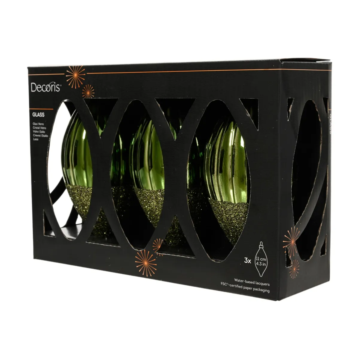 Set di 3 palline di natale in vetro (D60 mm) Goccia preziosa glitterata Verde abete
