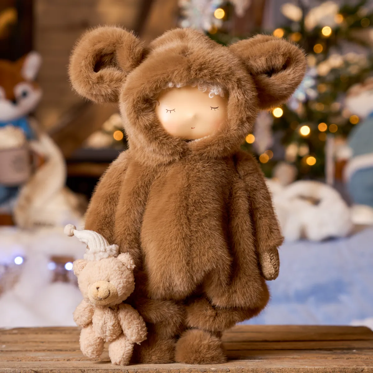 Bambola di Natale in pelliccia sintetica (H40 cm) Célestin pigiama orso Marrone