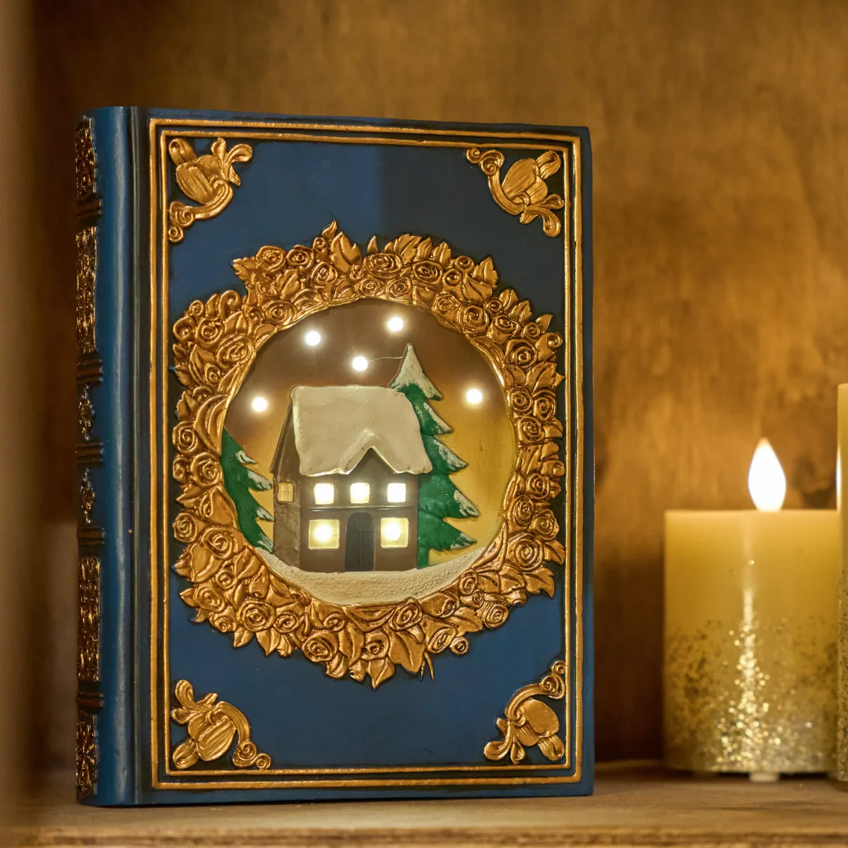 Libro decorativo luminoso a pile 9 LED (H22 cm) Grimorio Blu e bianco caldo