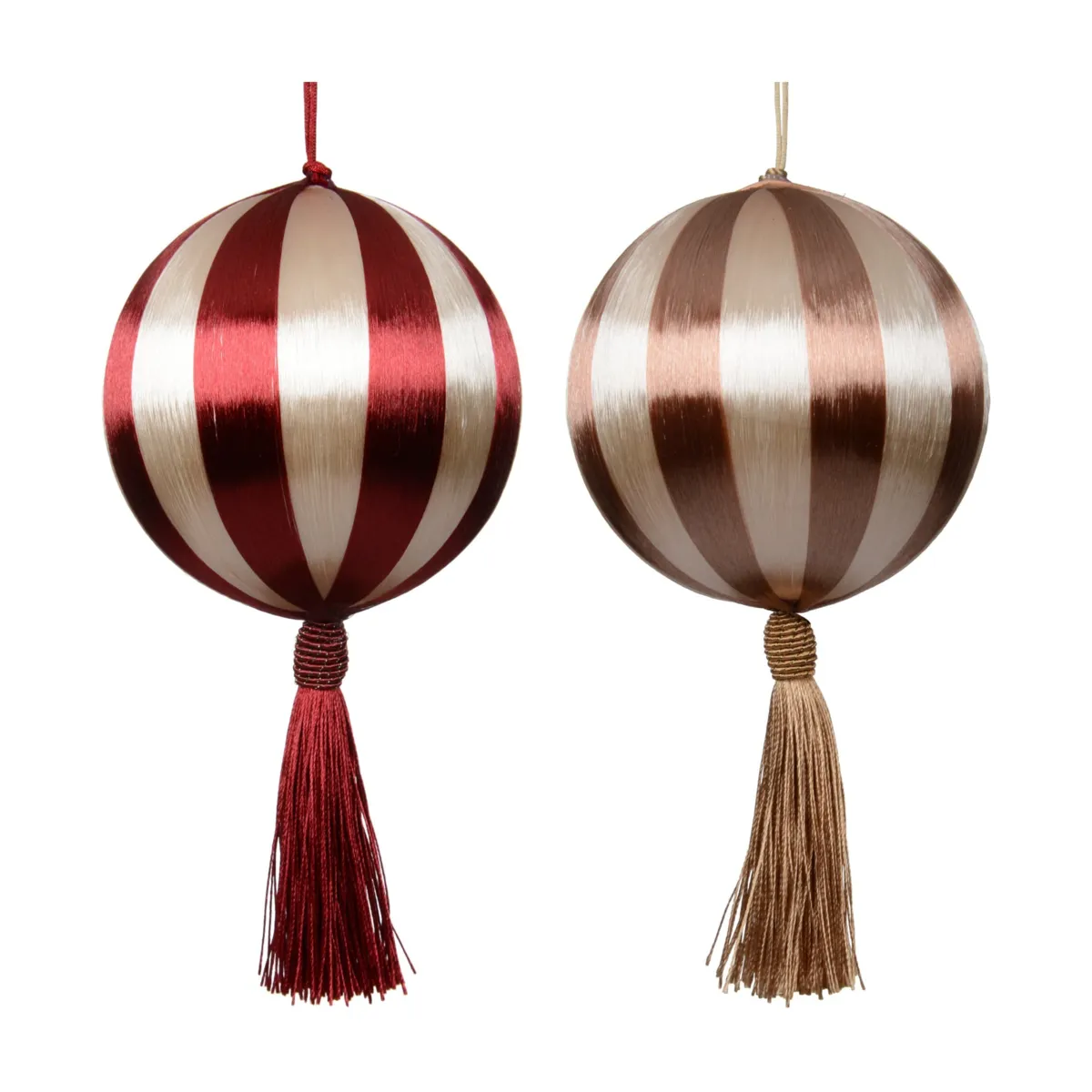 Set di 12 palline di natale (D100 mm) Pampille e righe Bordeaux e cognac