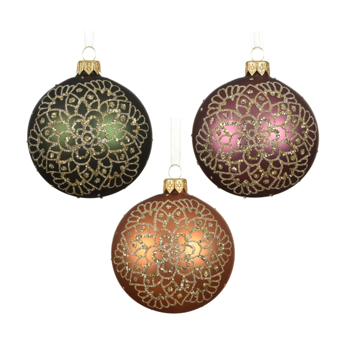 Set di 6 palline di natale in vetro (D80 mm) Rosone Rame, verde abete e rosa scuro