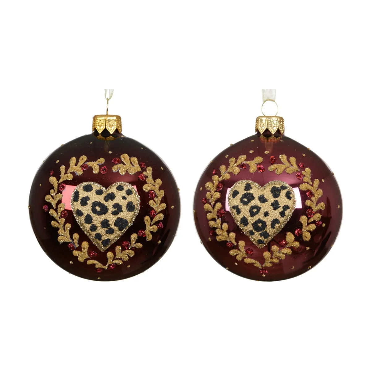 Set di 6 palline di natale in vetro (D80 mm) Cuore leopardato Rosa scuro