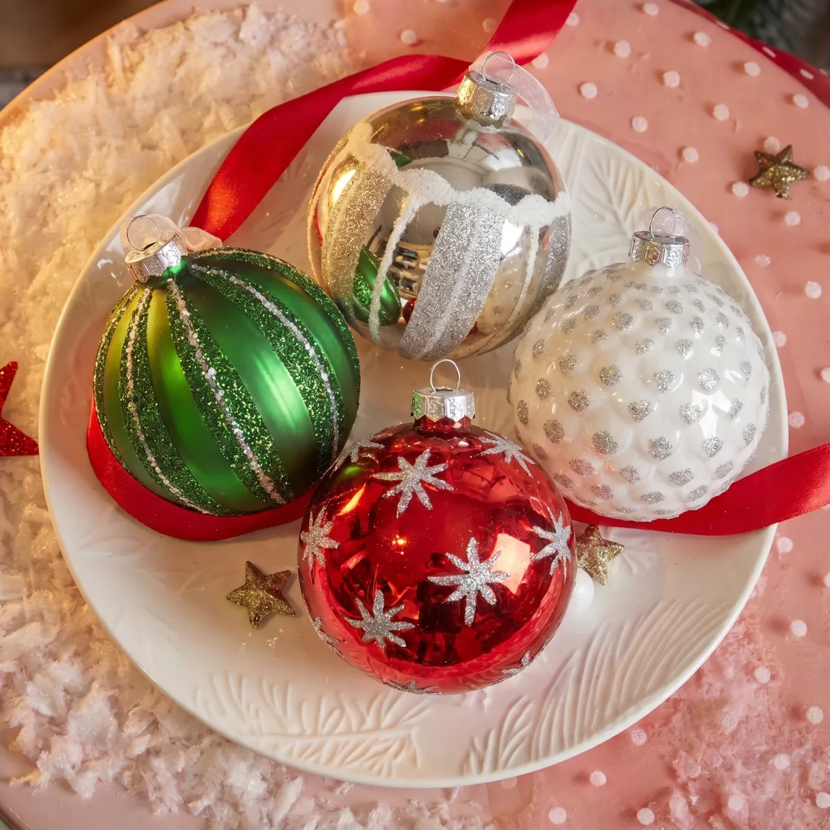 Set di 12 palline di natale in vetro (D80 mm) Majesty Verde agrifoglio, rosso e argento