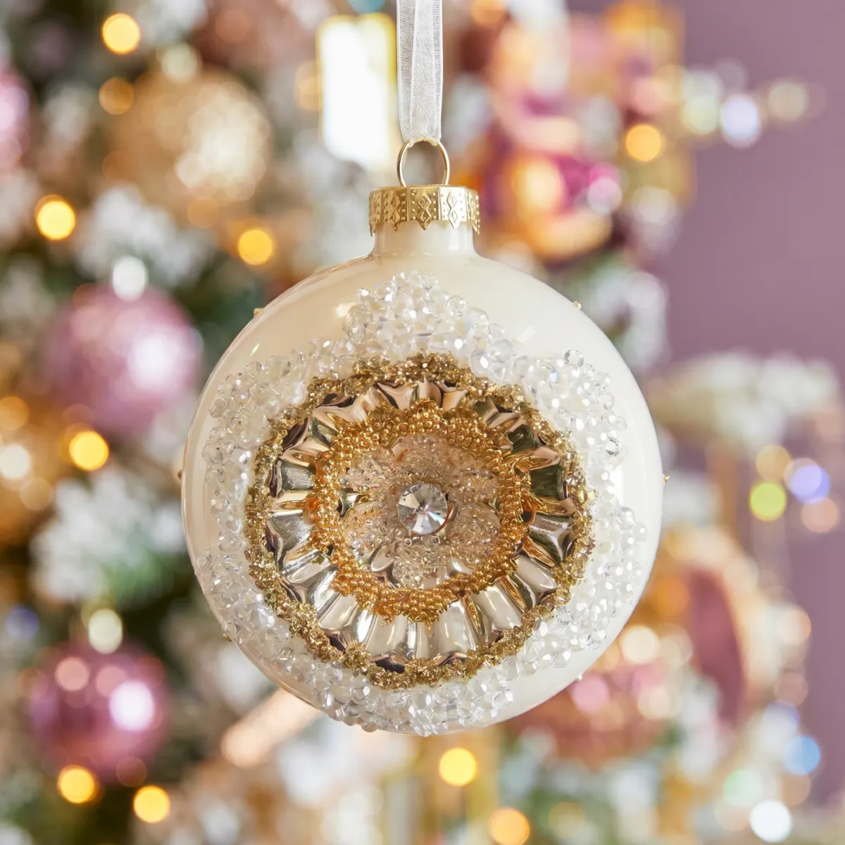 Set di 3 palline di natale in vetro (D80 mm) Diamanti d'Inverno Bianco lana