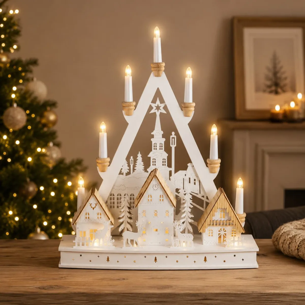 Villaggio di Natale in legno luminoso a pile (H49 cm) Candelabro di Natale Bianco