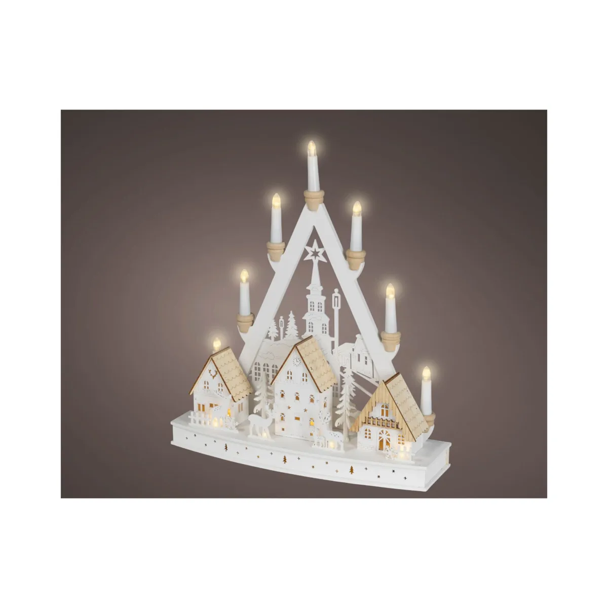Villaggio di Natale in legno luminoso a pile (H49 cm) Candelabro di Natale Bianco