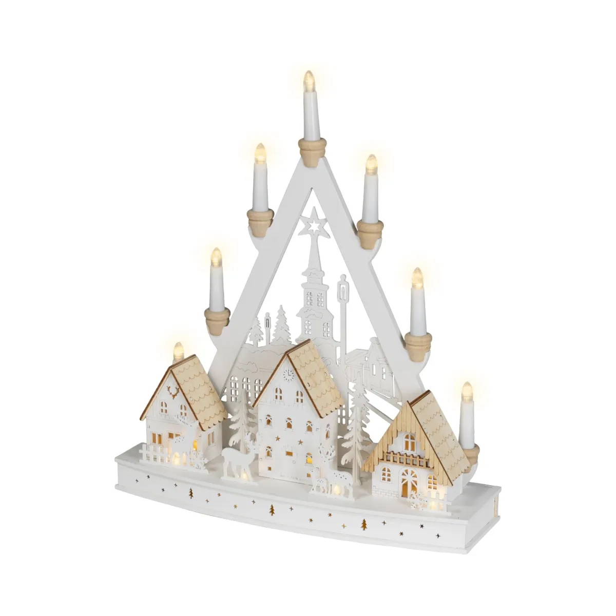 Villaggio di Natale in legno luminoso a pile (H49 cm) Candelabro di Natale Bianco