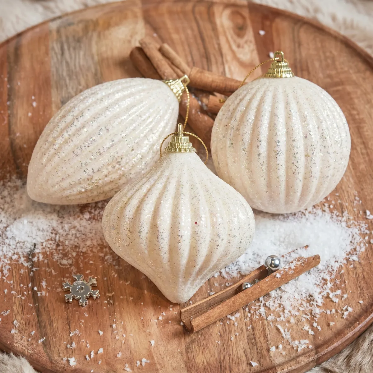 Set di 12 palline di natale (D80 mm) Effetto glitterato Bianco lana