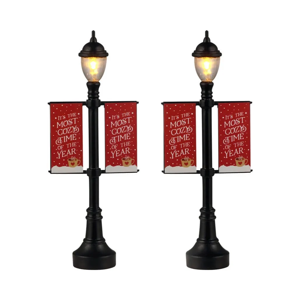 Accessori Lemax a pile Set di 2 Lampioni luminosi di Natale con bandiera