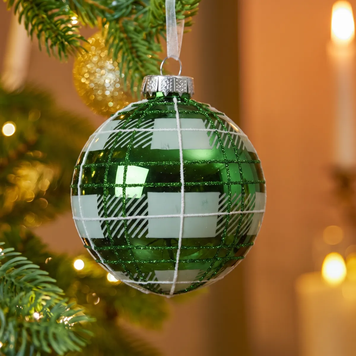 Pallina di natale in vetro (D80 mm) Scottish tartan Verde