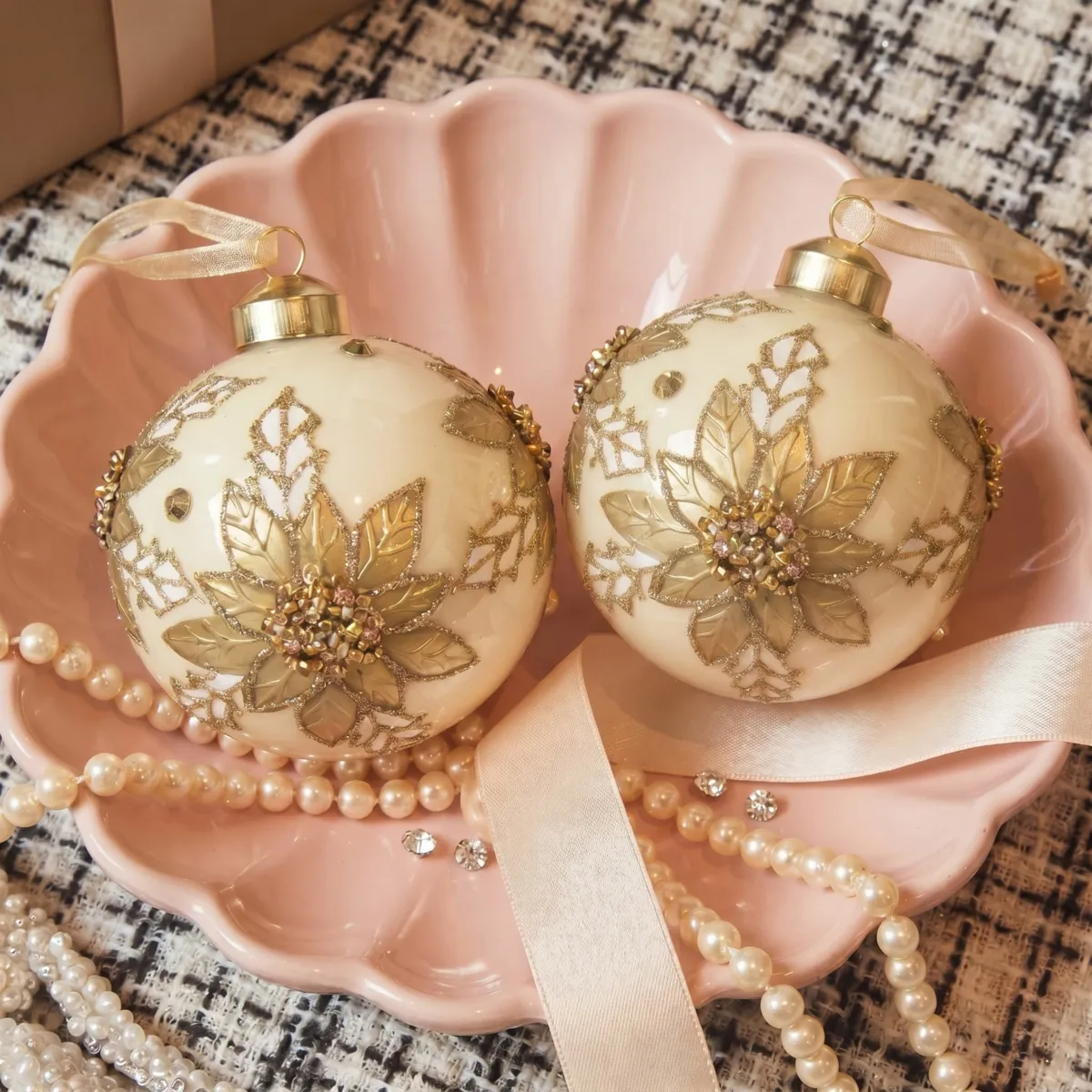 Set di 2 palline di natale in vetro (D80 mm) Preziosa Fiore Oro e Bianco lana