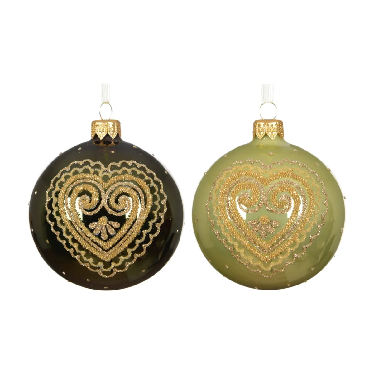 Set di 6 palline di natale in vetro (D80 mm) Cuore d'amore Verde verde cembro e pistacchio