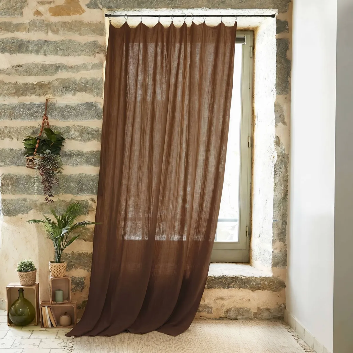 Rideau gaze de coton ajustable (180 x max 300 cm) Gaïa Brun