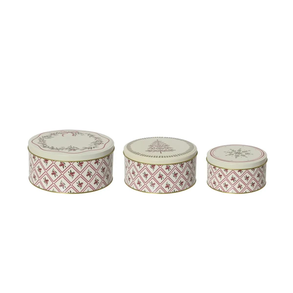 Set di 3 scatole di stoccaggio rotonde in metallo Ciliegie Rosso e crema