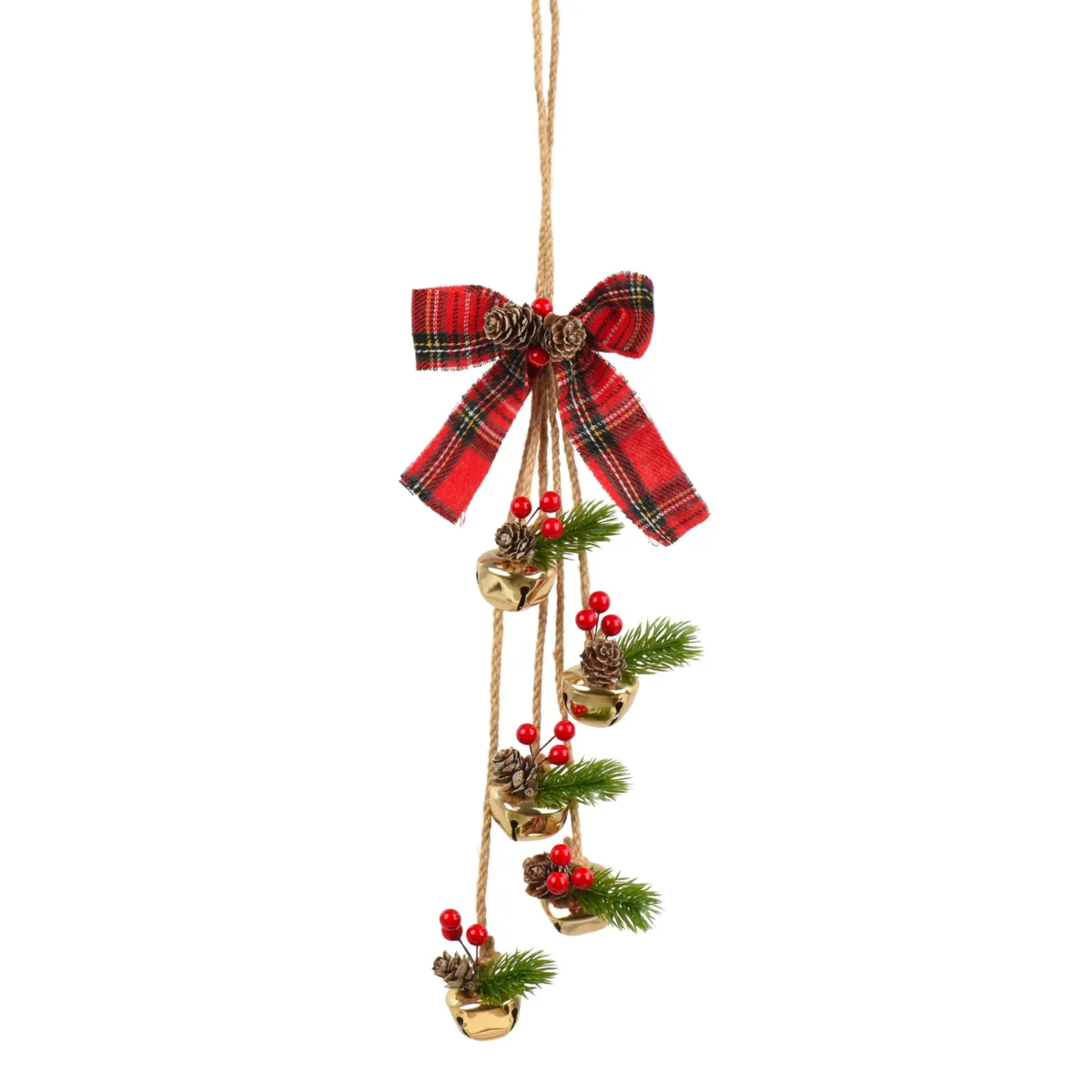 Addobbi natalizi sospesi (H34 cm) Campane, bacche e Fiocco tartan Oro