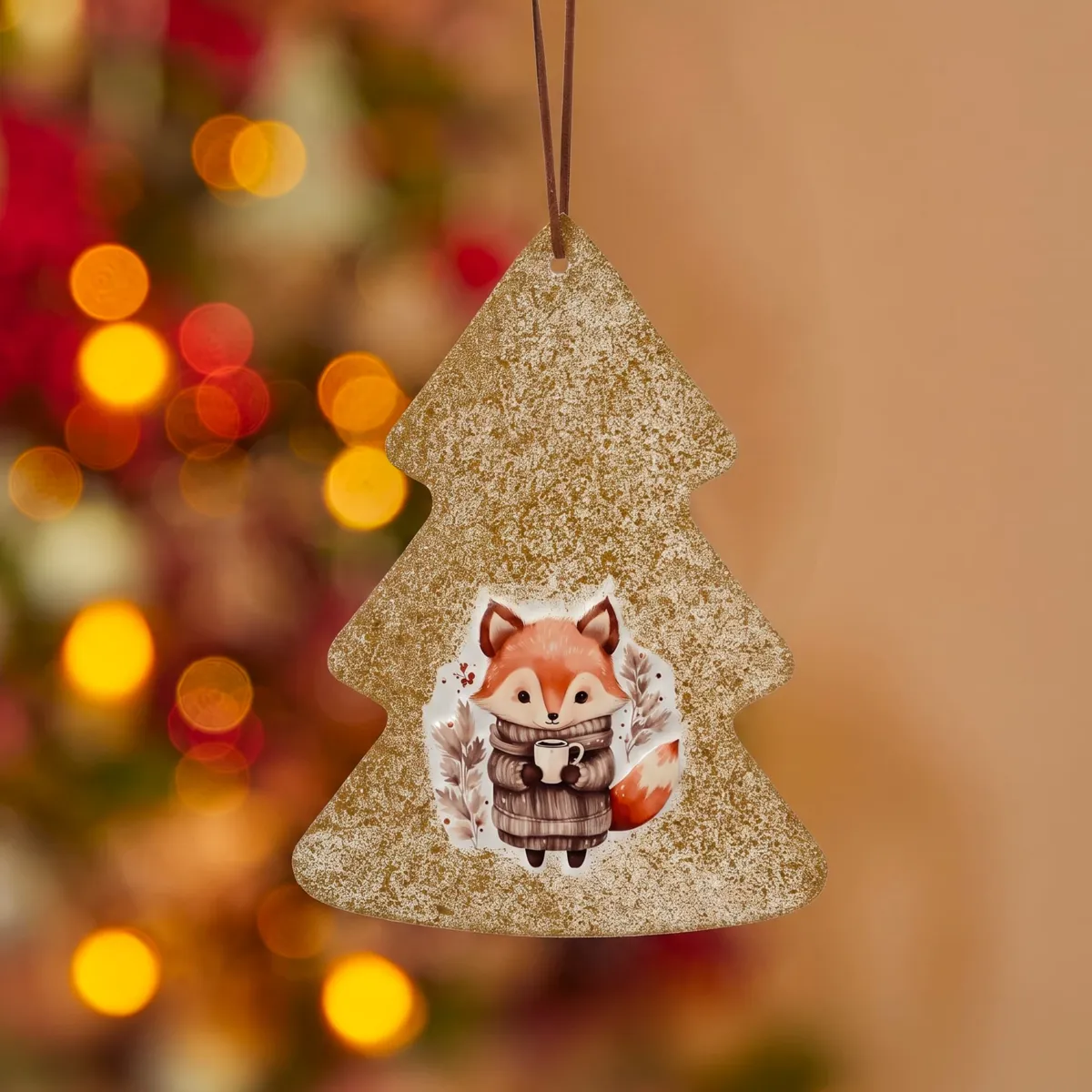 Sospensione natalizia in metallo (H18 cm) Albero di Natale e la sua volpe Dorata