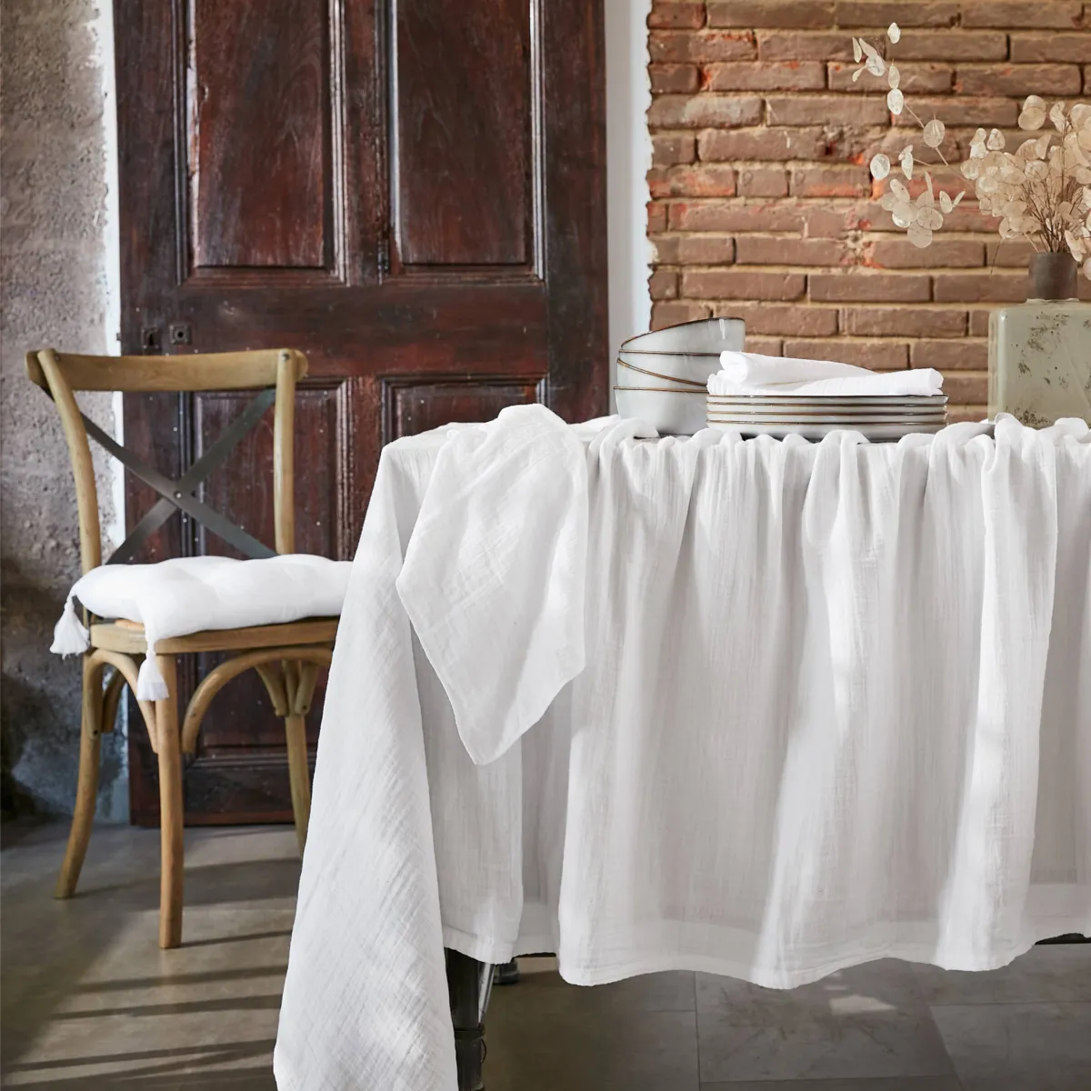Nappe carrée gaze de coton (180 x 180 cm) Gaïa Blanc chantilly