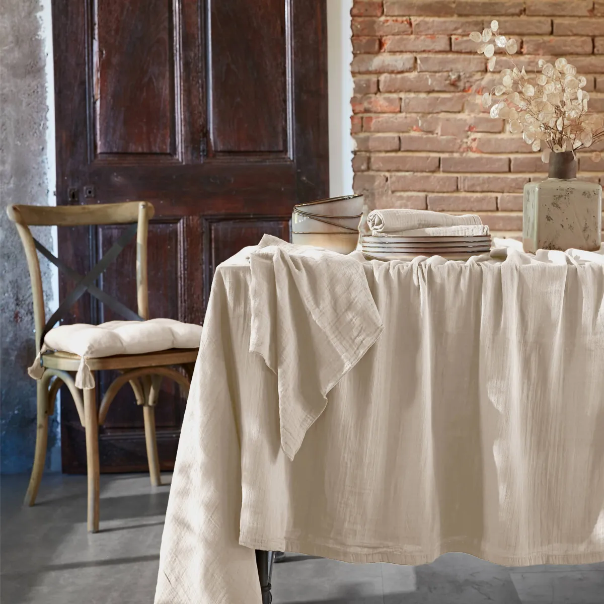 Nappe carrée gaze de coton (180 x 180 cm) Gaïa Beige