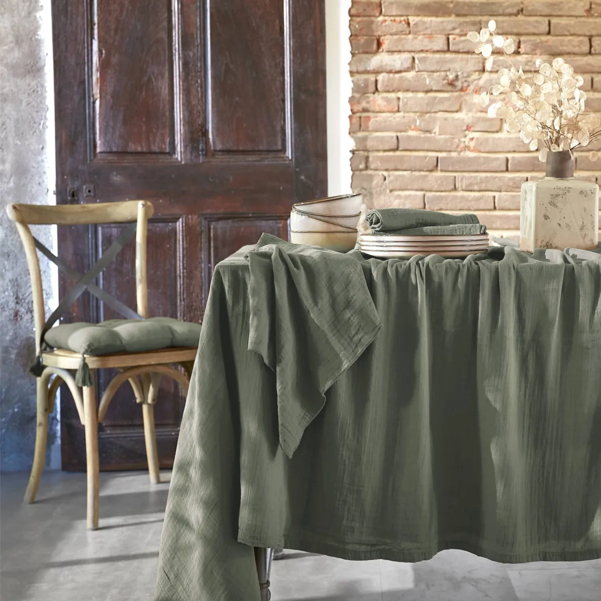 Tovaglia quadrata garza di cotone (180 x 180 cm) Gaïa Verde rosmarino