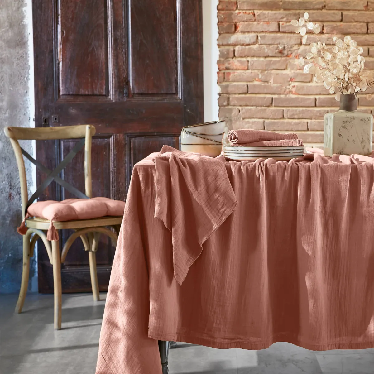 Nappe carrée gaze de coton (180 x 180 cm) Gaïa Rose pêche