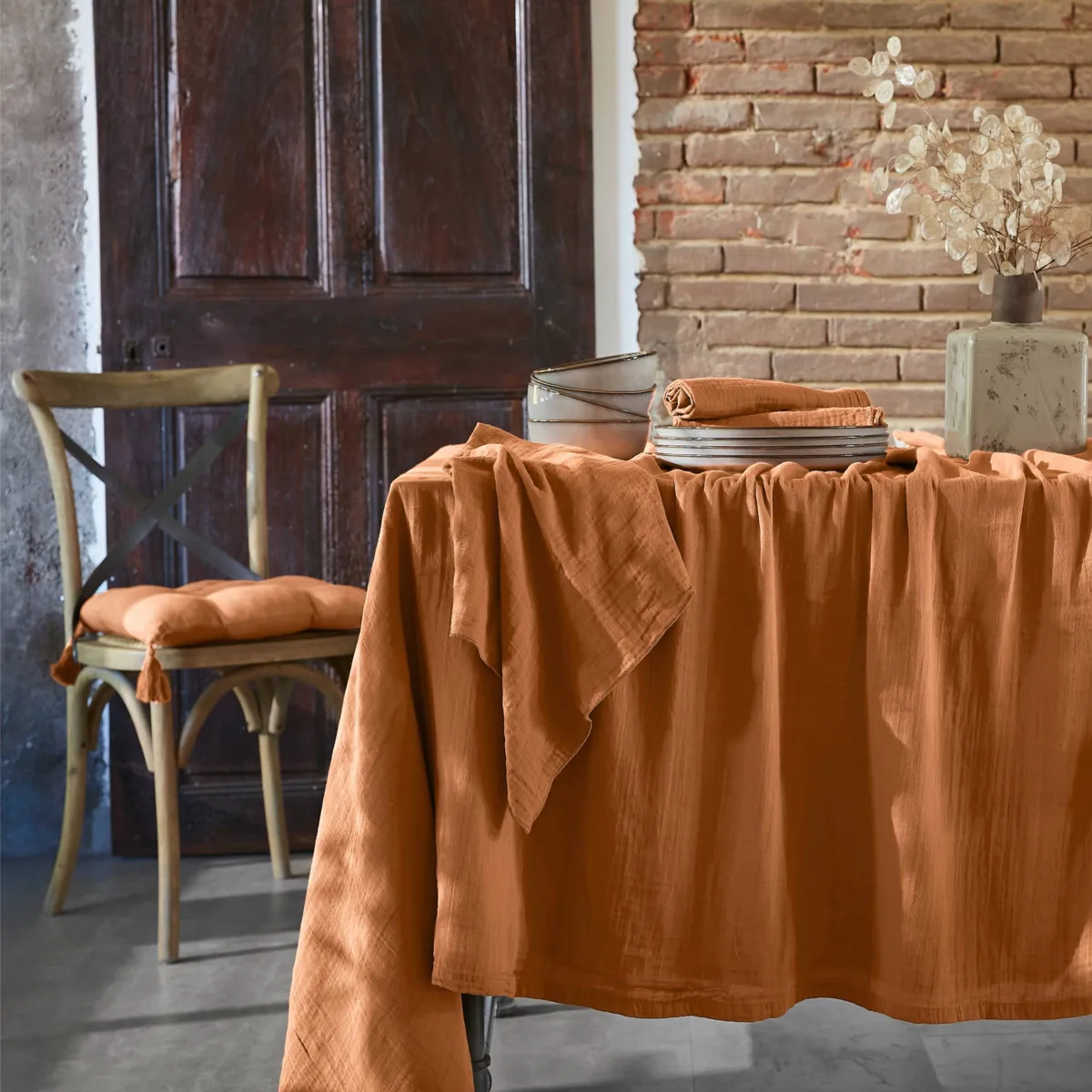 EM - Nappe rectangle 150 x 300 cm Gaze de coton unie GAìA Abricot