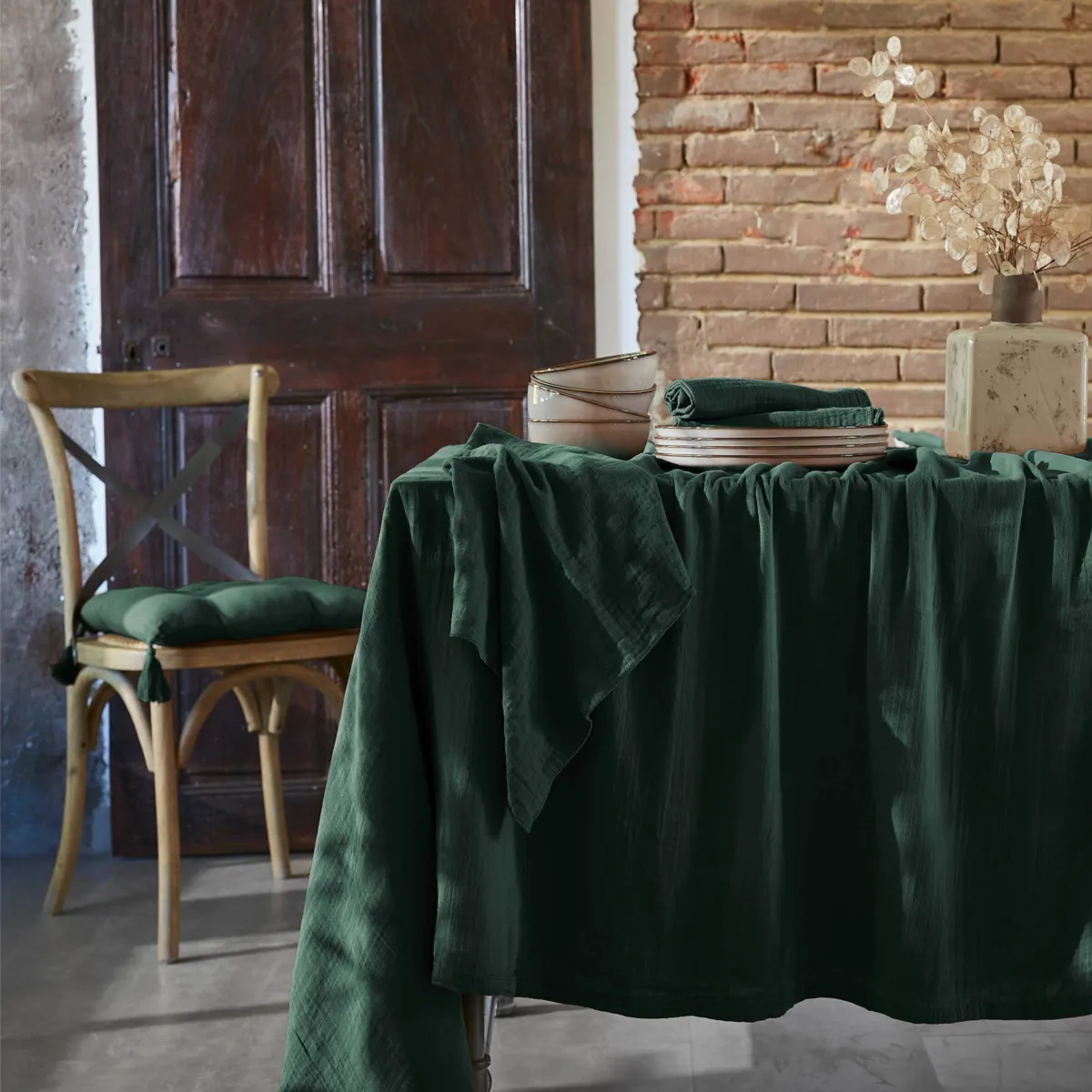 Tovaglia rettangolare garza di cotone (150 x 300 cm) Gaïa Verde abete