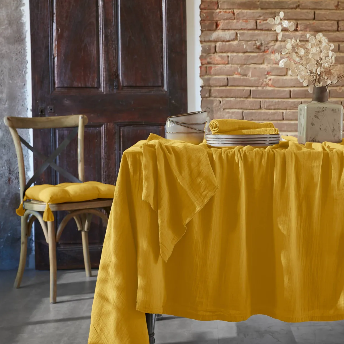 EM - Nappe rectangle 150 x 300 cm Gaze de coton unie GAìA Safran